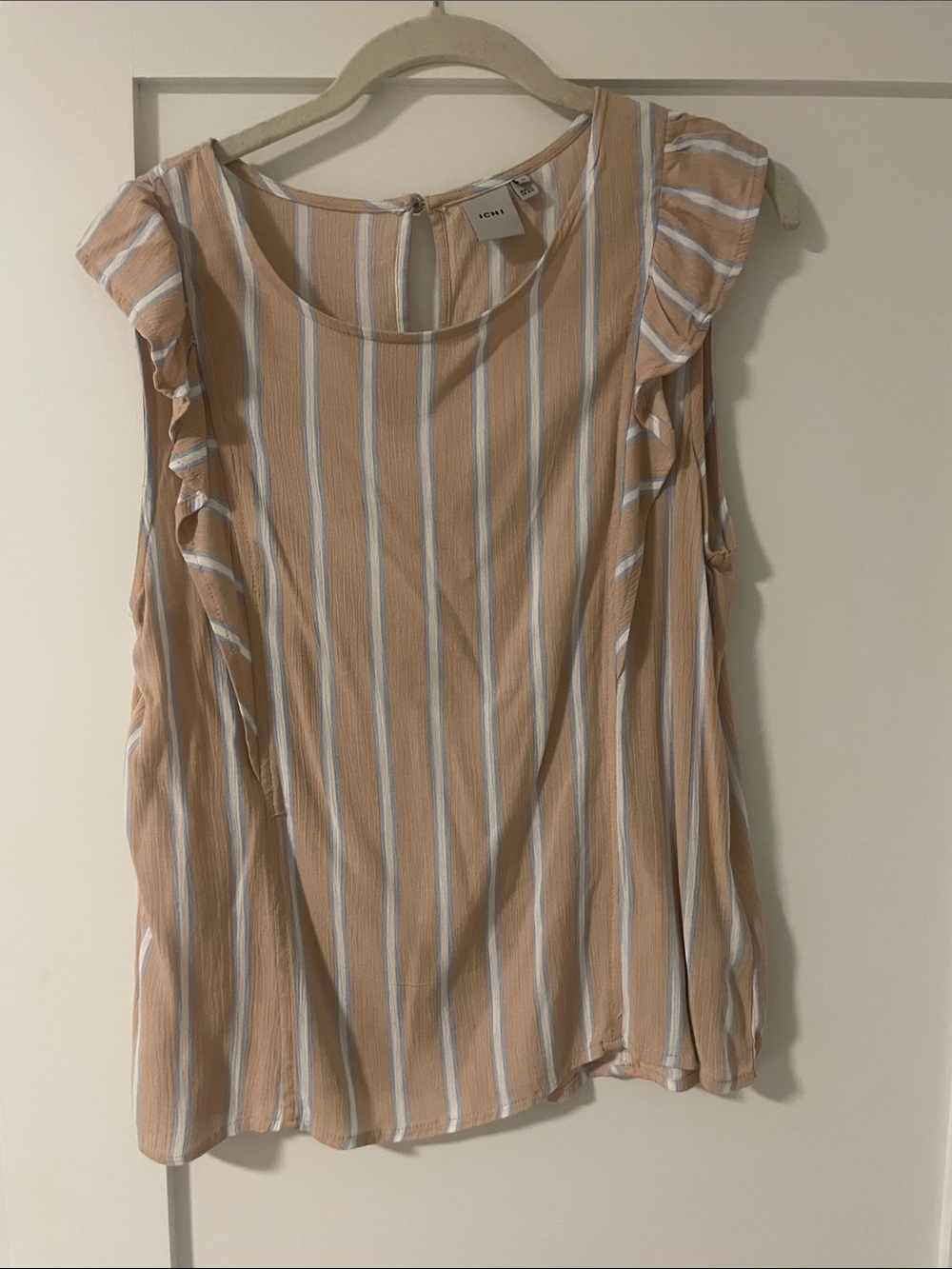 Tan and White Striped Ruffle Sleeve Tank